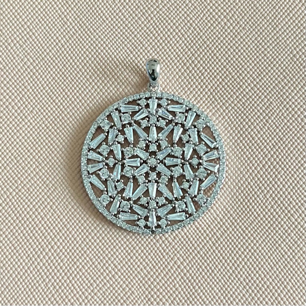 925 Sterling Silver CZ Micro Pave Scattered Baguette Disc Round Circle Pendant